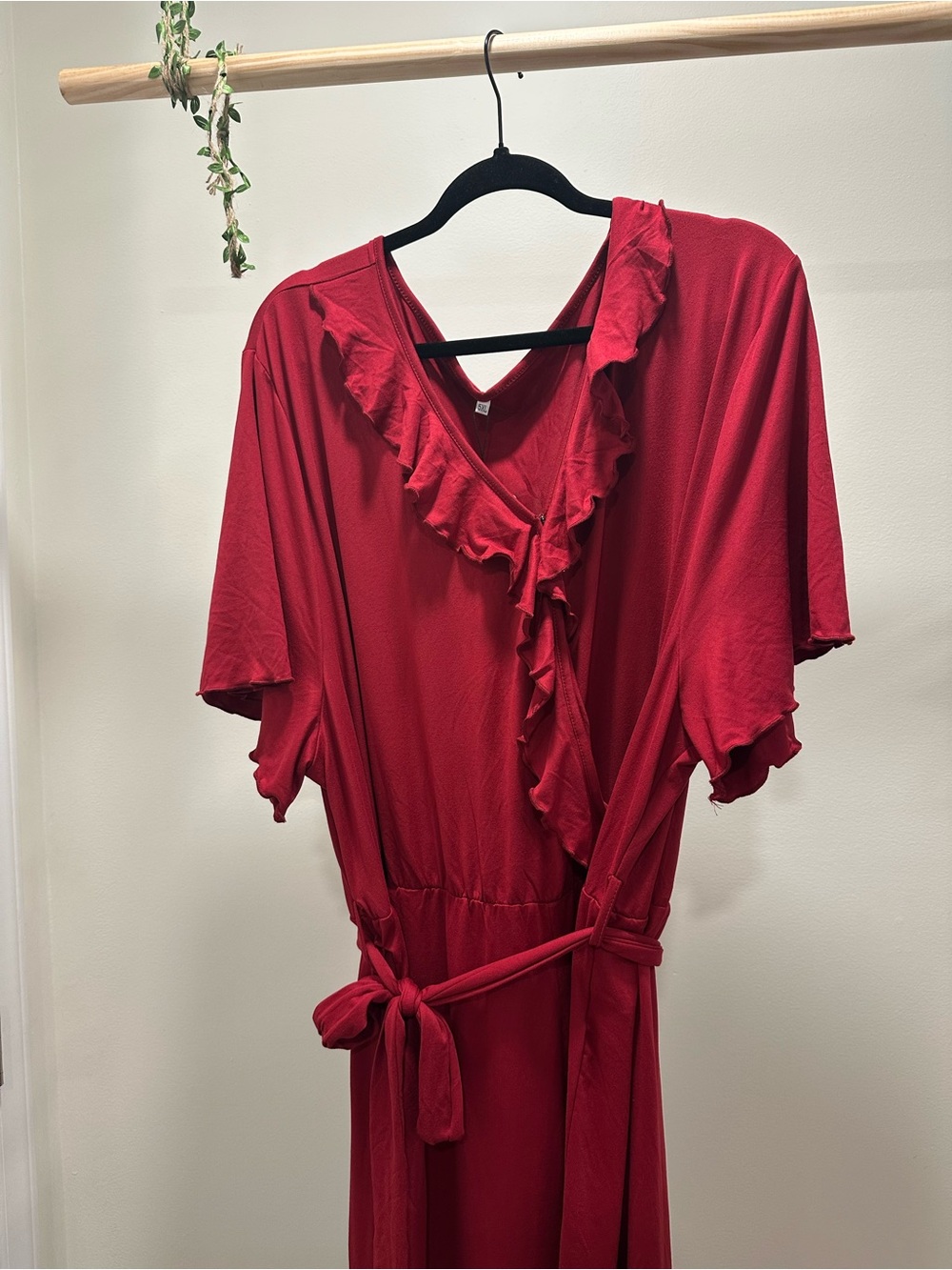 Amazon Red Maxi Dress with Ruffle V-Neck and Tie Waist